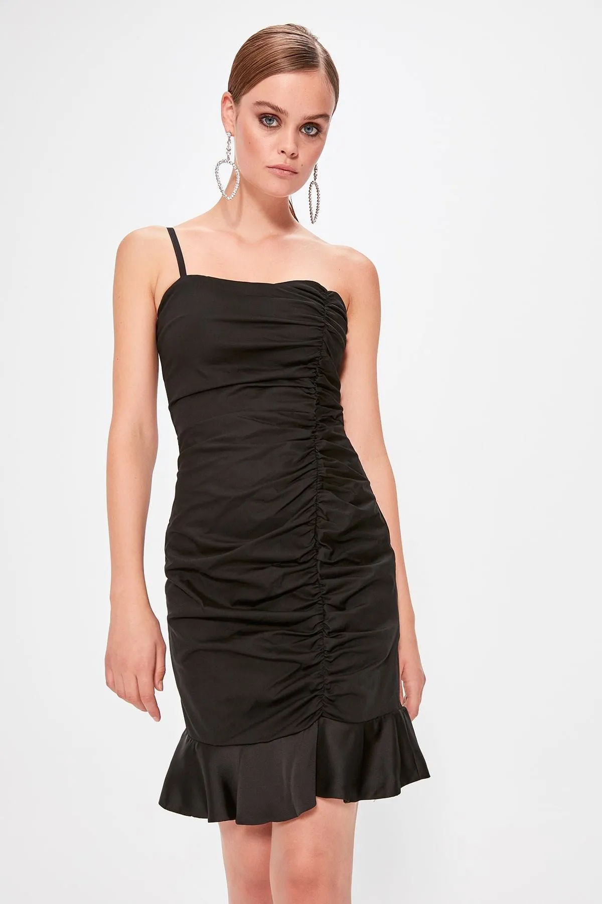 10874 Black One Shoulder Draped Dress