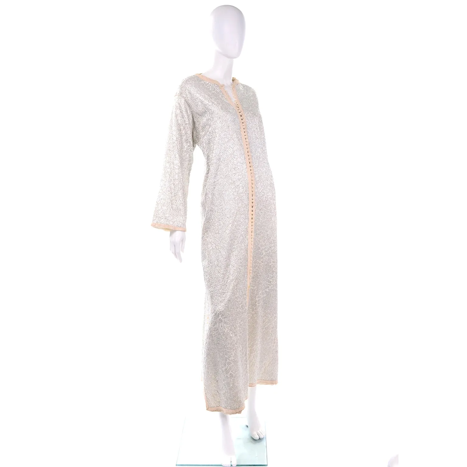 1960s Vintage Moroccan Silver Metallic Long Caftan Maxi Dress