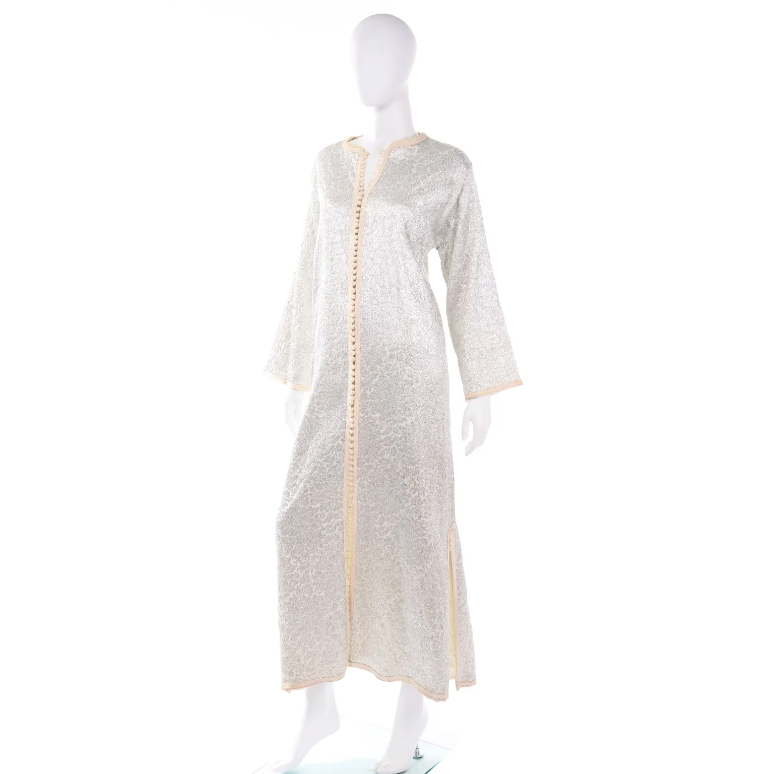 1960s Vintage Moroccan Silver Metallic Long Caftan Maxi Dress