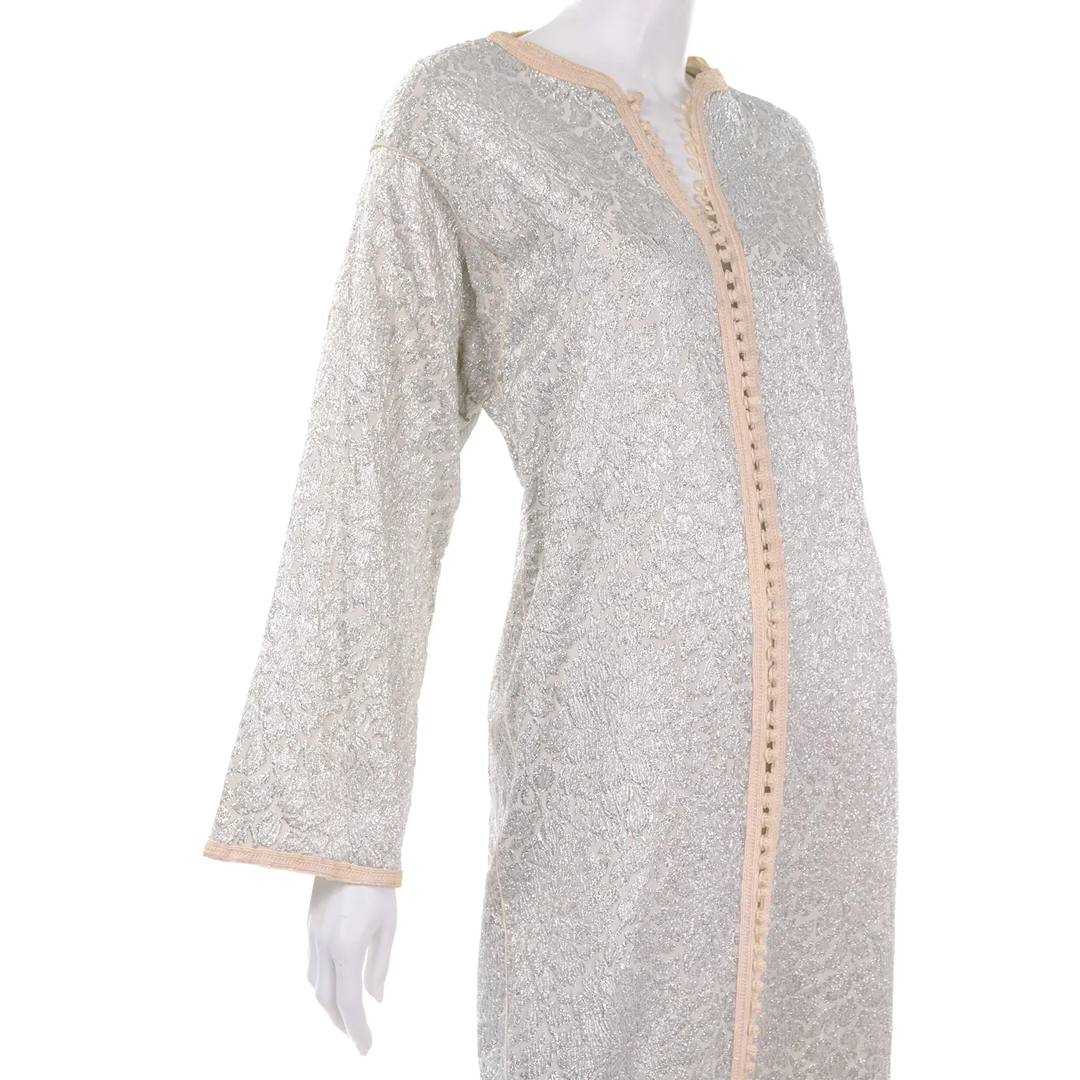 1960s Vintage Moroccan Silver Metallic Long Caftan Maxi Dress