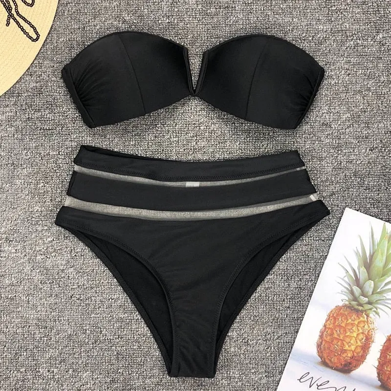 2 Piece High Waist Bikini Women Mesh Swimsuit Push Up Swimwear Off Shoulder Bikini Set Solid Bathing Suit Summer Beachwear