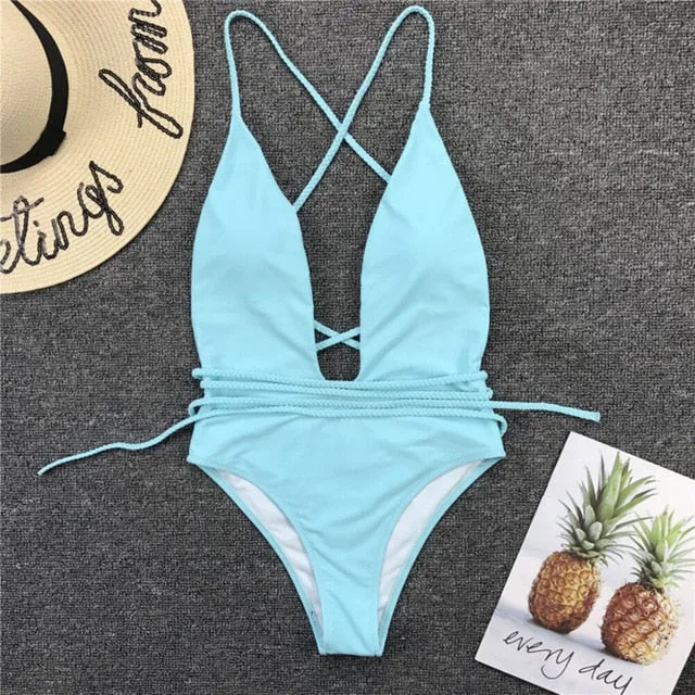 2021 Summer New Bandage Sexy High Cut One-piece Women Swimwear Bodysuits Sizes S - XL