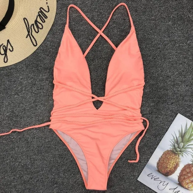 2021 Summer New Bandage Sexy High Cut One-piece Women Swimwear Bodysuits Sizes S - XL