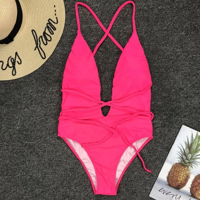 2021 Summer New Bandage Sexy High Cut One-piece Women Swimwear Bodysuits Sizes S - XL