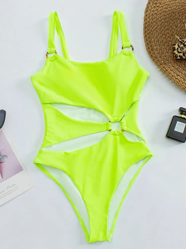 2022 Sexy Solid One Piece Swimsuit Female Hollow Out Swimwear Women Push Up Monokini Hollow Out Bathing Suit