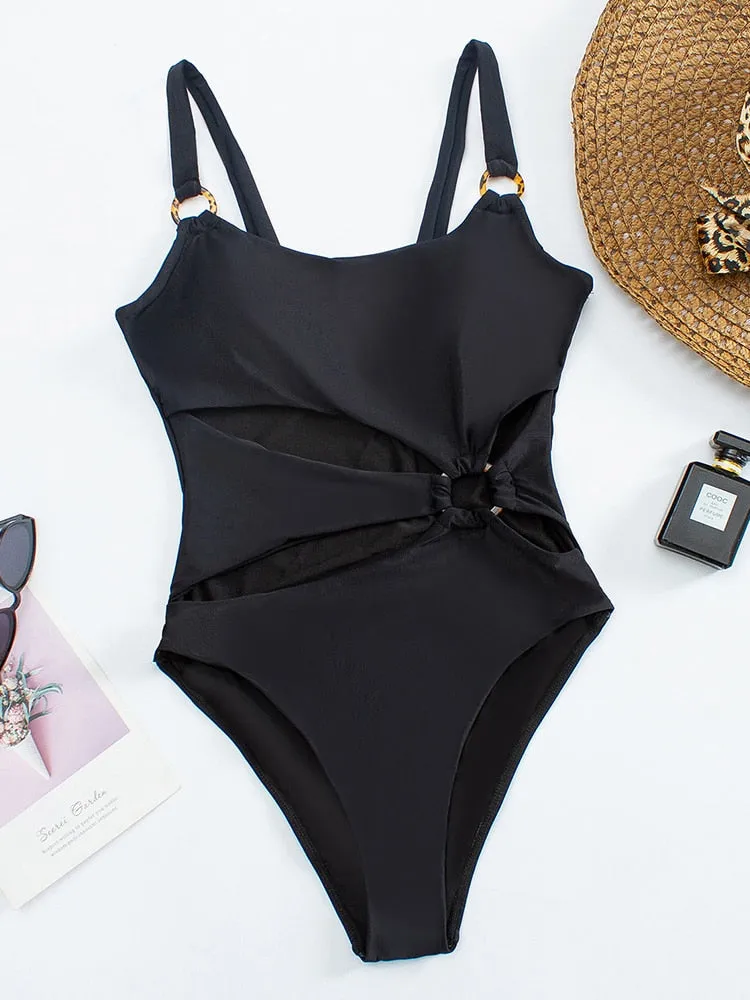 2022 Sexy Solid One Piece Swimsuit Female Hollow Out Swimwear Women Push Up Monokini Hollow Out Bathing Suit