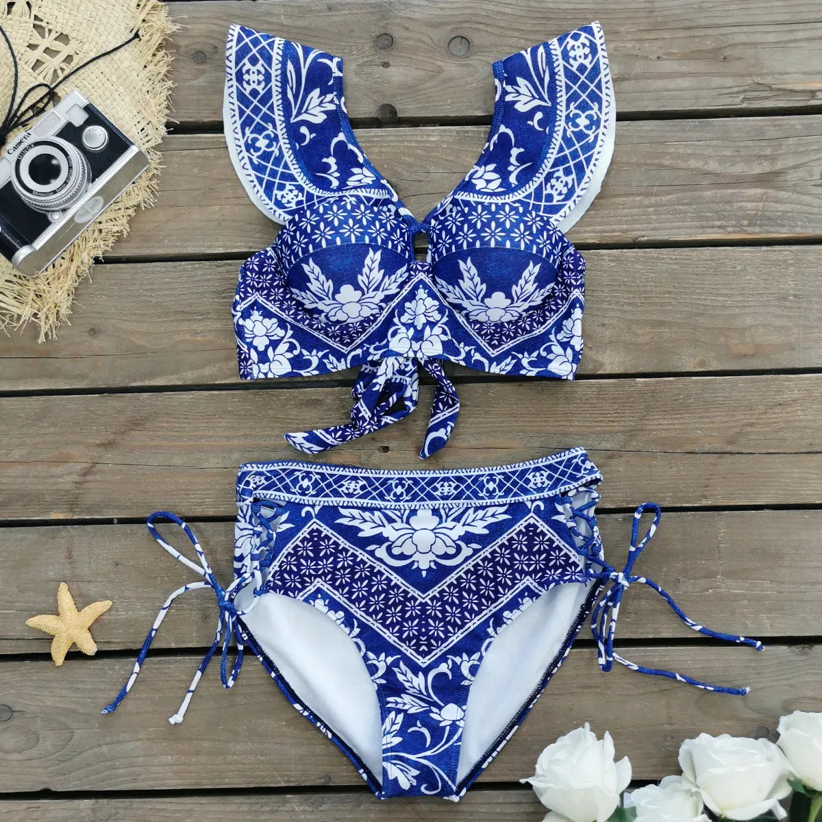 2024 V Neck Ruffle Bikini Swimsuit 3pc Sets for Women Halter Cut Out Two Piece Bathing Suits Print Summer Female