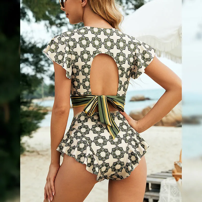 2pcs Triangle Ruffled Open Back Strap Wholesale Women Swimsuit