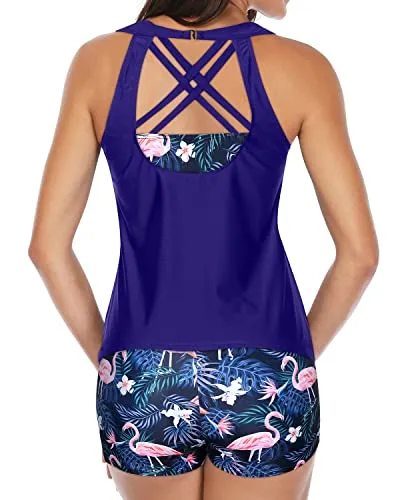 3 Piece Tankini Bathing Suit High Neck Swimwear Shorts-Blue Flamingo