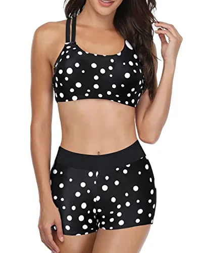 3 Piece Tankini Set High Neck Swimwear Shorts-Black Dot