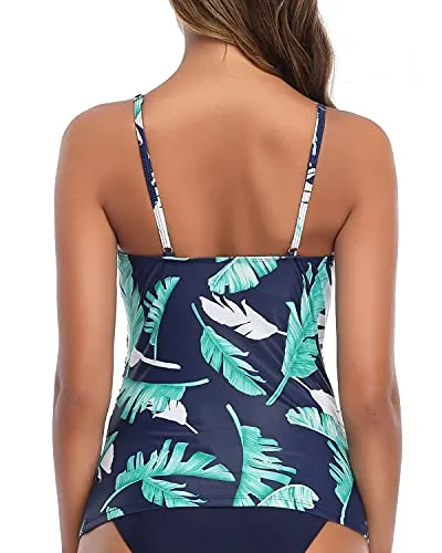 Adjustable Neck High Neck Tankini Tops For Women's Swimwear-Blue Leaf