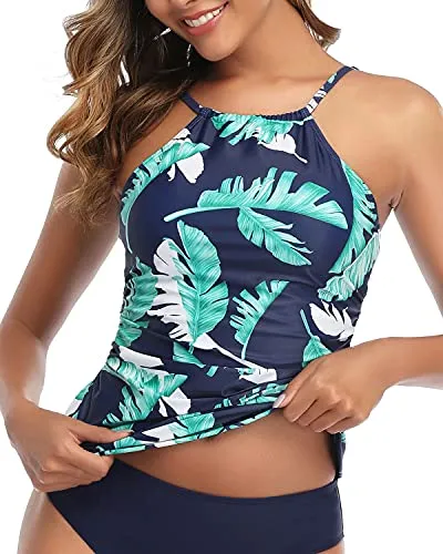 Adjustable Neck High Neck Tankini Tops For Women's Swimwear-Blue Leaf