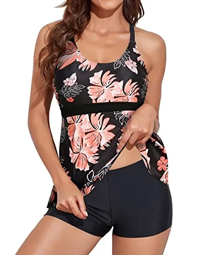 Adjustable Shoulder Straps Tankini Boyshorts Swimsuit-Black And Orange Floral