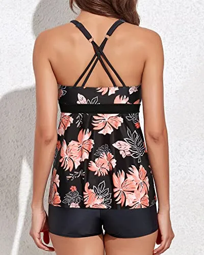 Adjustable Shoulder Straps Tankini Boyshorts Swimsuit-Black And Orange Floral