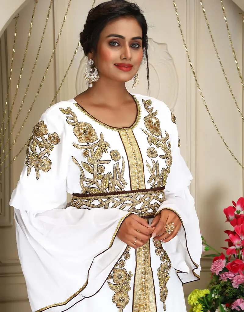 Arabic White Georgette Stone Embroidery Moroccan