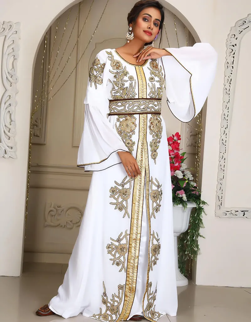 Arabic White Georgette Stone Embroidery Moroccan