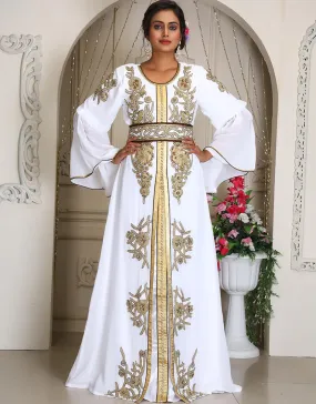 Arabic White Georgette Stone Embroidery Moroccan