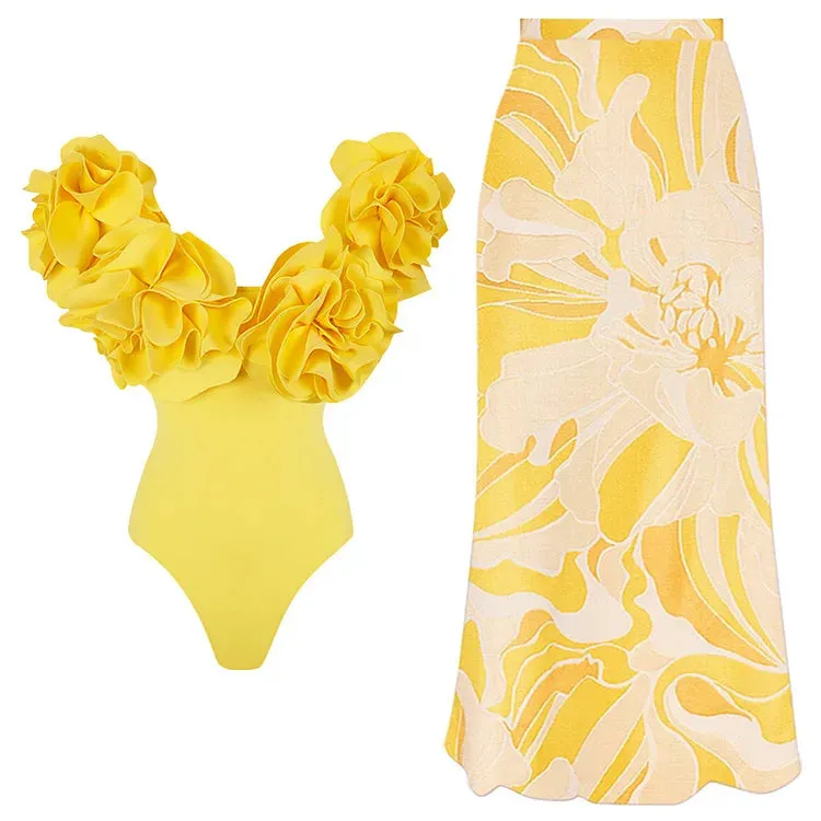 Ashore Swim Shop trendy 3D flower swimwear women swimming suit with skirt 3D flower bandeau one piece bathing suit