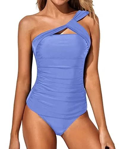 Asymmetrical Cut Ruched One Shoulder Tankini Swimsuit-Light Purple