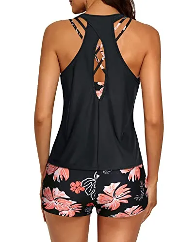 Athletic 3 Piece Tankini Swimsuit Boy Shorts For Women-Black Orange Floral