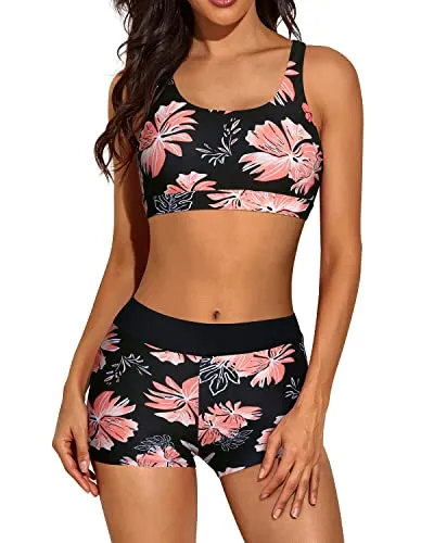 Athletic 3 Piece Tankini Swimsuit Boy Shorts For Women-Black Orange Floral