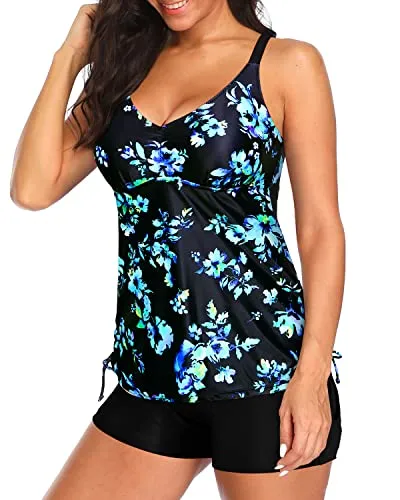 Athletic Style Criss Cross Strappy Back Tankini For Women-Black Blue Floral