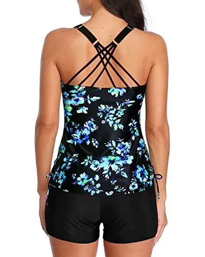 Athletic Style Criss Cross Strappy Back Tankini For Women-Black Blue Floral