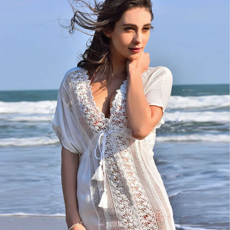 Beach Cover Up White Lace Crochet Dress