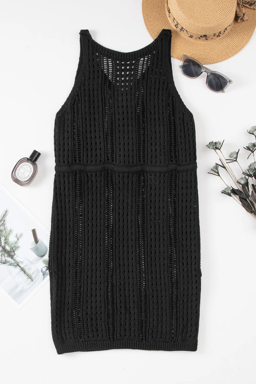 Black Crochet Hollow-out Sleeveless Beach Dress