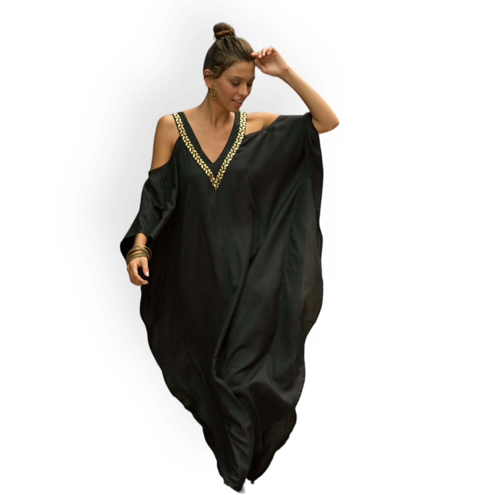 Black Goddess Open Shoulder Long Dress Kaftan