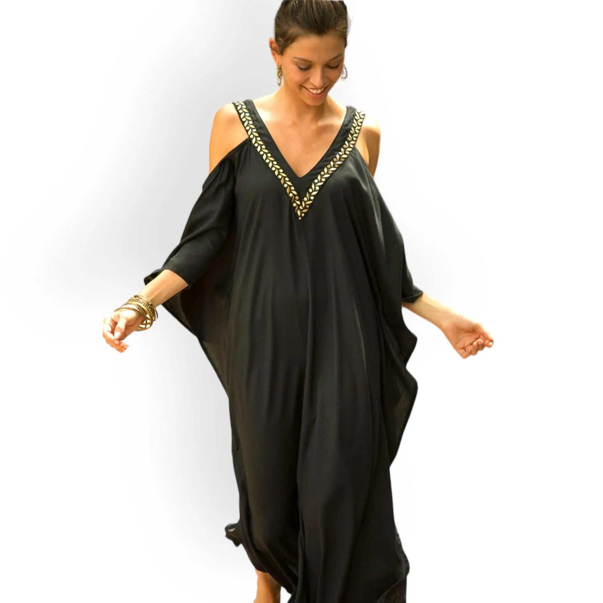 Black Goddess Open Shoulder Long Dress Kaftan