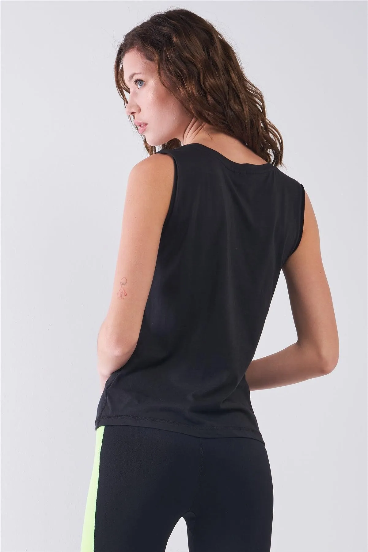 Black Solid Sleeveless Raw Hem Detail Round Neck Basic Tank Top /1-2-2-1