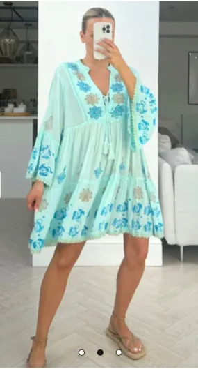 BOHO STYLE  EMBROIDERED V DEEP NECK DRESS BLUE