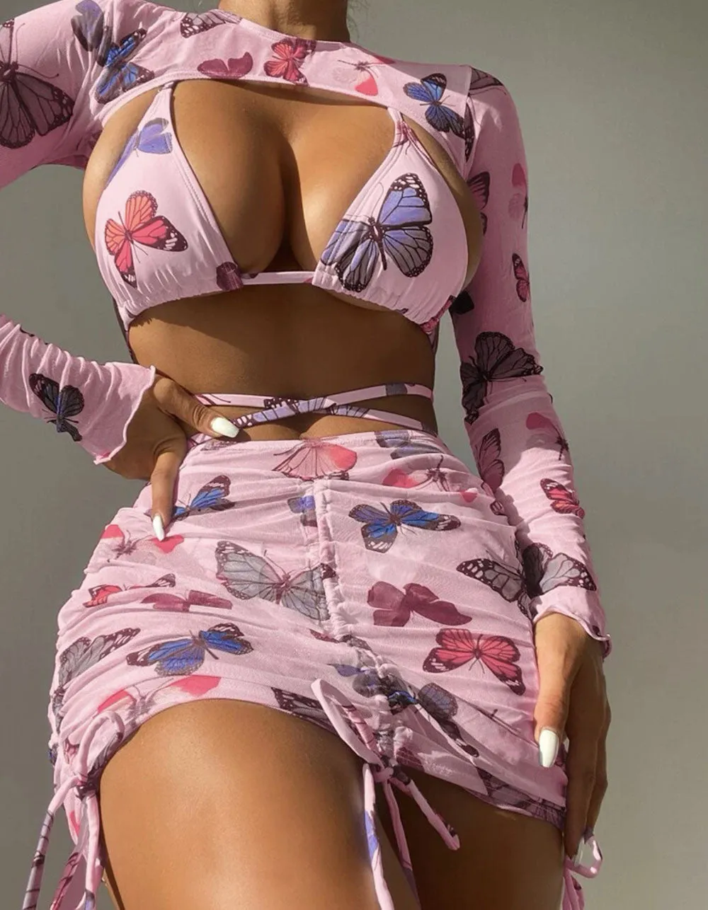 Butterfly Printed Drawstring Four Piece Bikini Swimwear Sets