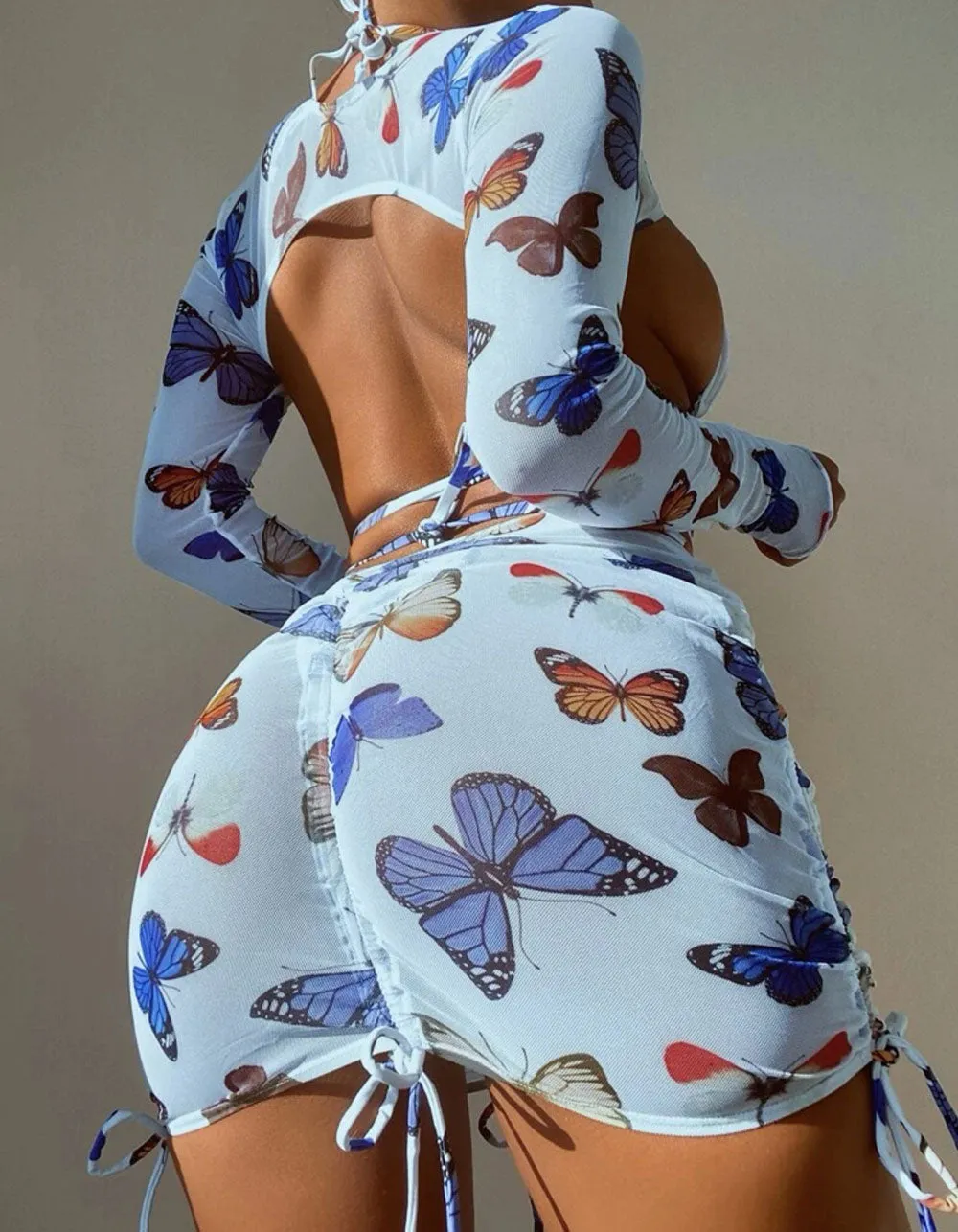 Butterfly Printed Drawstring Four Piece Bikini Swimwear Sets