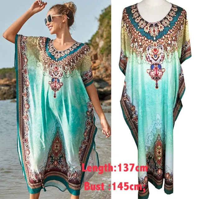 Butterfly Sleeve Printed V-neck Kaftan