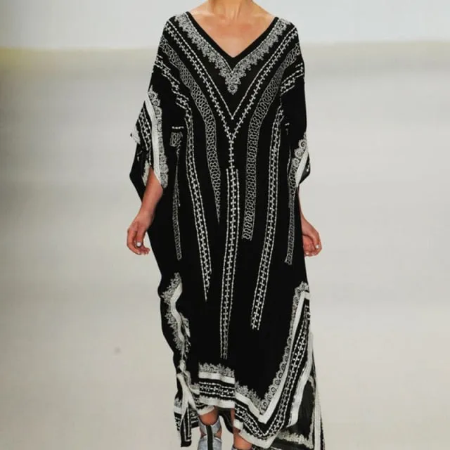 Butterfly Sleeve Printed V-neck Kaftan