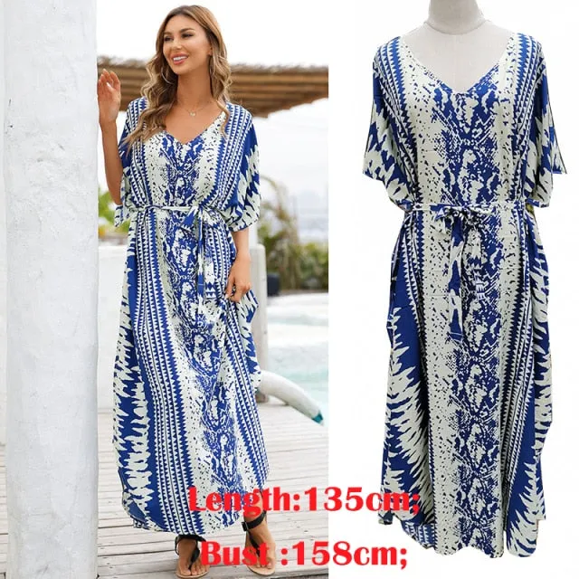 Butterfly Sleeve Printed V-neck Kaftan