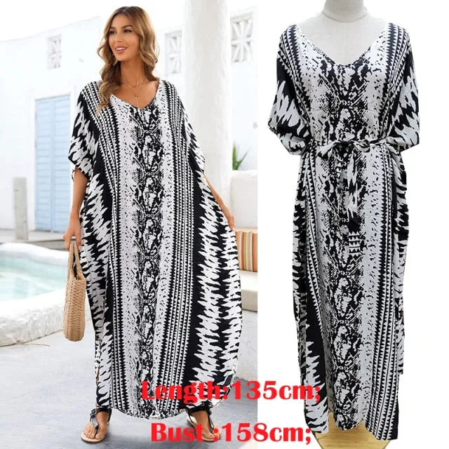 Butterfly Sleeve Printed V-neck Kaftan