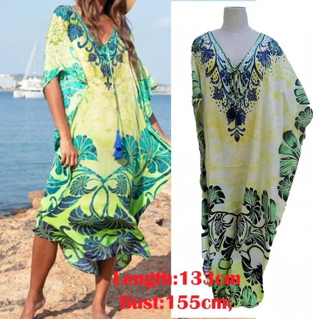 Butterfly Sleeve Printed V-neck Kaftan