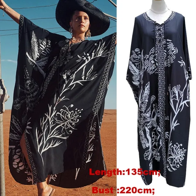 Butterfly Sleeve Printed V-neck Kaftan