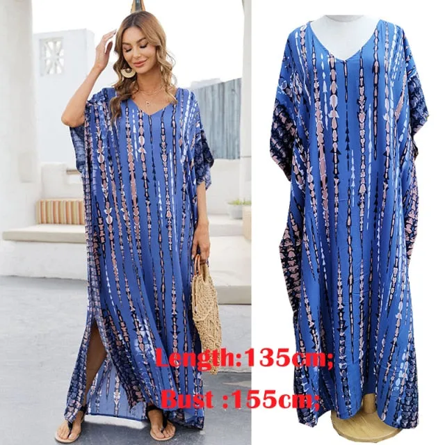 Butterfly Sleeve Printed V-neck Kaftan