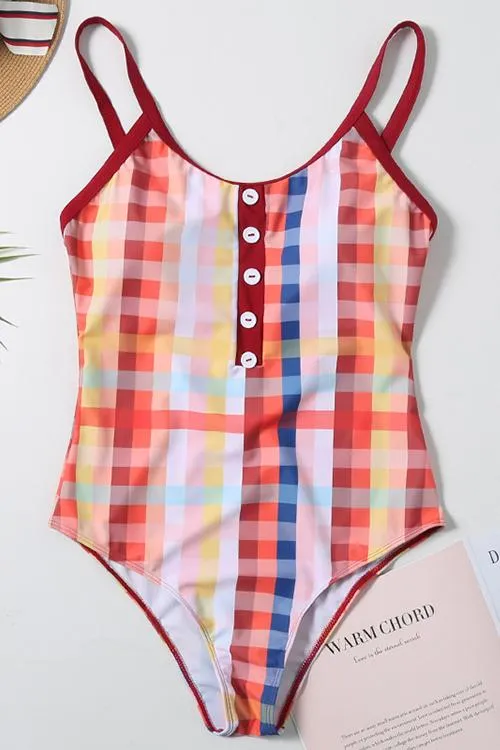 Button Plaid Backless One Piece Swimwear