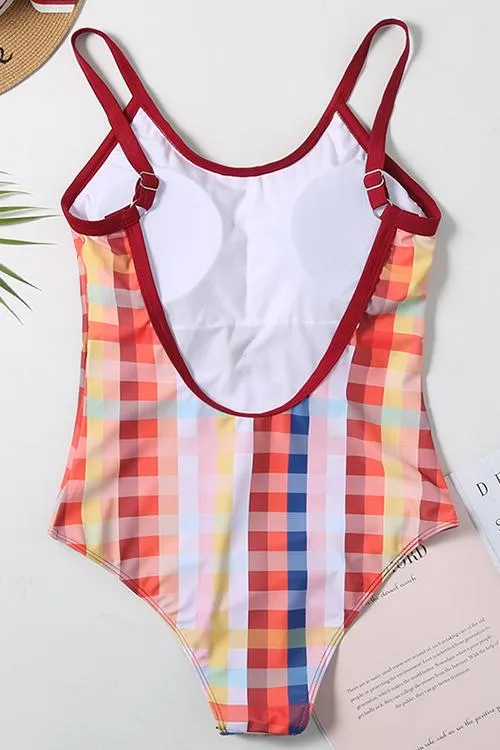 Button Plaid Backless One Piece Swimwear