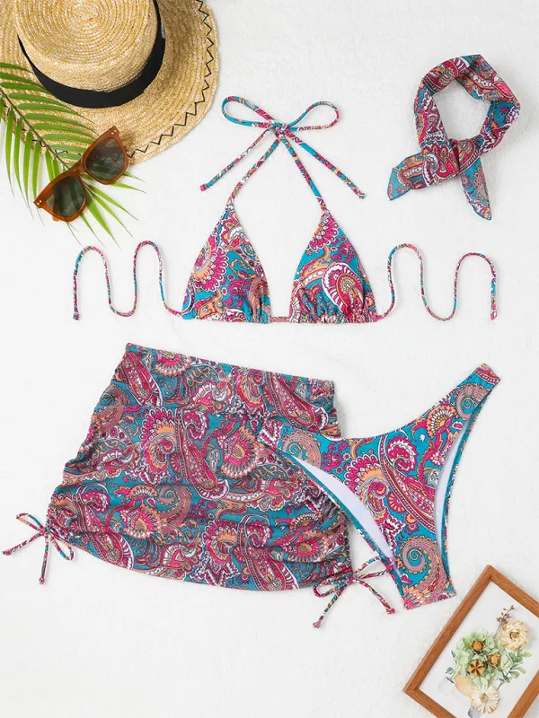 Cashew flower print lace-up swimsuit bikini sexy two-piece swimsuit four-piece set