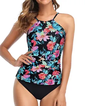 Charming Adjustable Neckline Two Piece Tankini Swimsuit-Pink Flower Blue