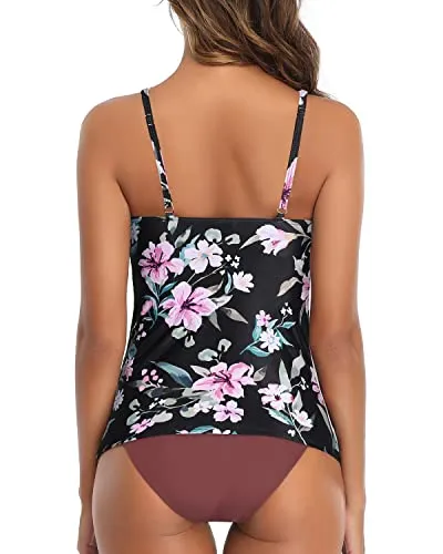 Charming High Neck Ruched Tankini Swimsuit For Women-Black Pink Flowers