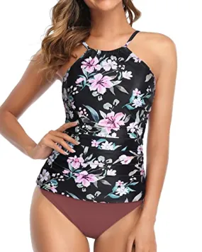 Charming High Neck Ruched Tankini Swimsuit For Women-Black Pink Flowers