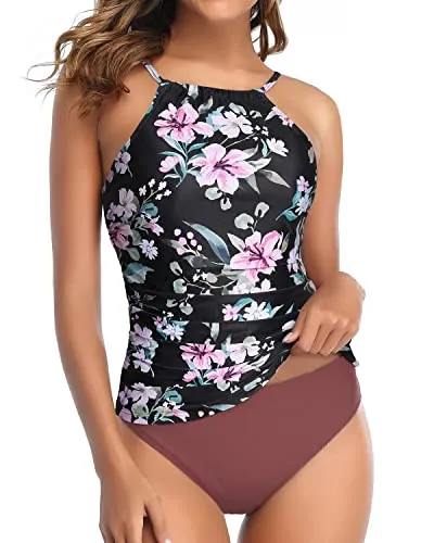 Charming High Neck Ruched Tankini Swimsuit For Women-Black Pink Flowers