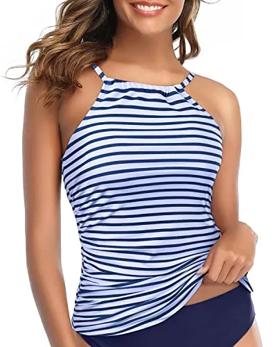 Charming Printed Patterns Tankini Top Ruched Swim Top Without Bottom-Blue And White Stripes